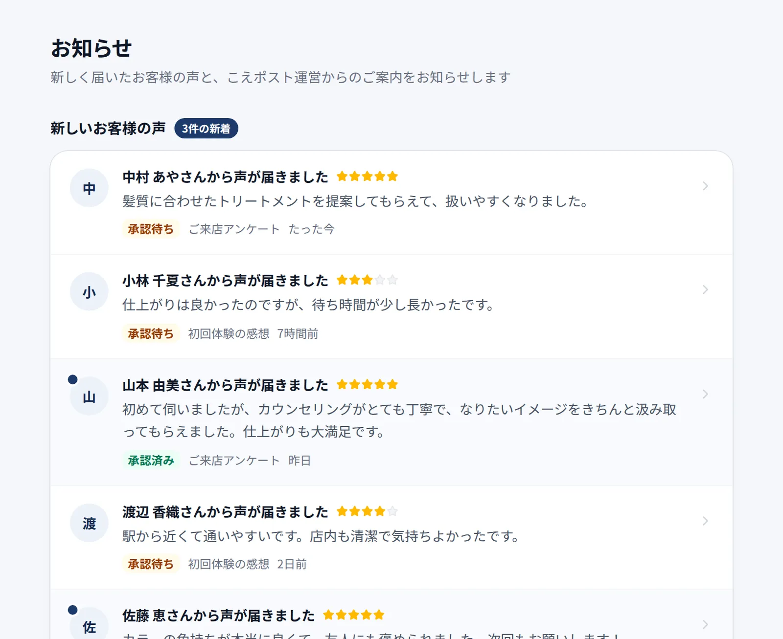 お知らせの画面。新しいお客様の声の一覧に、名前・星・本文の冒頭・承認待ちかどうかが並ぶ